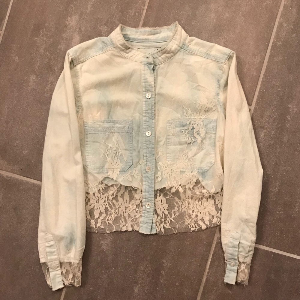 Free People Denim & Lace Top